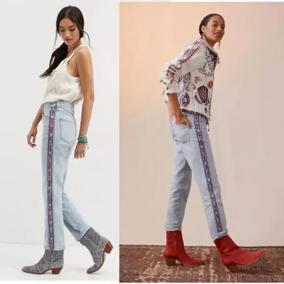 Pilcro The Vintage Straight Leg Light Wash Aztec Side Design Jean - 32 - Picture 1 of 10